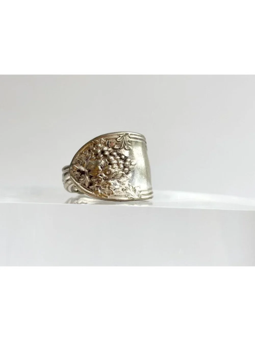 Silver Plated La Vigne Grapevine Spoon Sterling Silver 925 Vintage Ring - sz 10